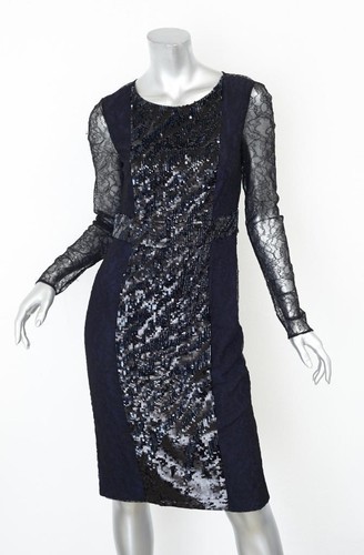 Abito da donna VERSACE blu navy + nero paillettes pizzo maniche lunghe con taglio posteriore 42 6