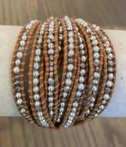 New Auth Chan Luu Grey Pearl Mix Multi Strand Single Wrap Leather Bracelet  - Picture 1 of 7