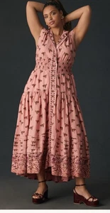 Anthropologie Printed Button Down Dress Pink Floral Smocked Maxi Size 2X - Picture 1 of 13