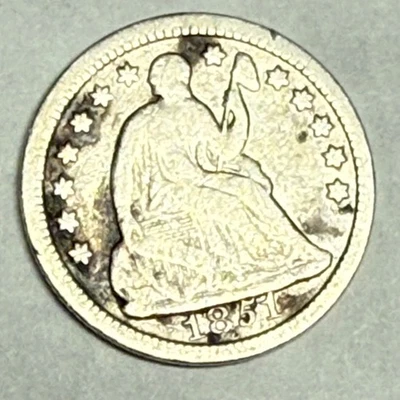 Media moneda de diez centavos de plata SEATED LIBERTY 1851 EE. UU. En muy buen estado, limpio. #k1 Foto 1 de 2