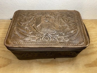 Vtg Hand Tooled Leather Cosmetics Case Horse Head And Intricate Floral Design - Image 1 of 4