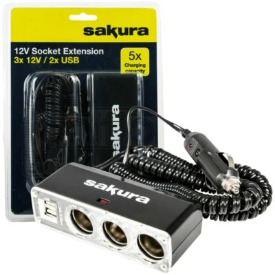 Car 12v 3 Way Socket Extension Cigarette Lighter Plug Twin USB Charger Ports - Image 1 of 4