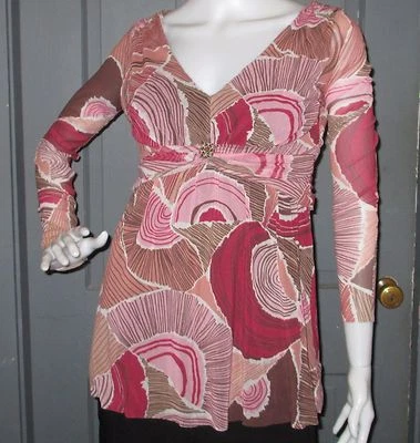 WESTON WEAR women's nylon lined print top S pinks brown long sleeve EUC knit top - Image 1 of 4