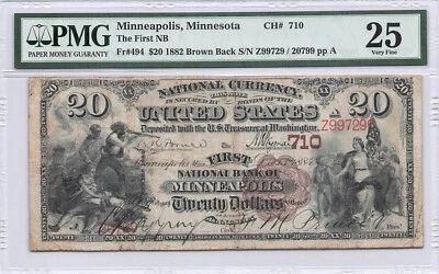 First NB MPLS, MN $20 1882 Brown Back PMG 25 Charter 710 - Image 1 of 2