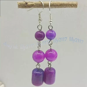 Natural Purple Sugilite Barrel Round Gemstone Beads Dangle Silver Hook Earrings - Picture 1 of 6