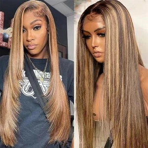 Dark Brown with Blonde Highlight Layered Cut 13x4 Lace Front 100% Human Hair Wig - Picture 1 of 9