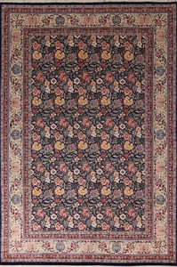 Alfombra de comedor anudada a mano azul marino/marfil floral Aubusson 6x9 - Imagen 1 de 20