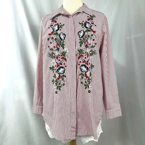 Camicia JOAN RIVERS rossa bianca a righe con bottoni ricamo floreale donna S bohemien - Foto 1 di 7