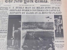 VINTAGE NEWSPAPER HEADLINE~NASA ALAN SHEPARD ASTRONAUT SPACESHIP INTO SPACE 1961