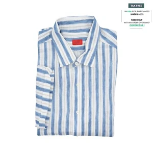 690$ ISAIA NAPOLI Blue Striped Mix Hand-Sewn Casual Shirt 100% Linen 18 - 46 - Picture 1 of 2