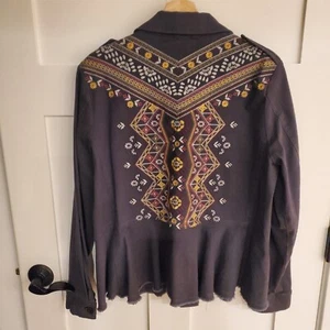 Knox Rose Damen große graue Jeansjacke Bauern Boho bestickt Schößchen Azteken - Bild 1 von 15