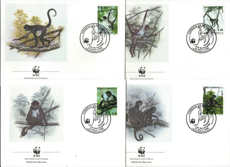 HONDURAS - 1990 WWF 'GEOFFREY'S SPIDER MONKEY' Juego de 4 Fundas Primer Día [9424] Foto 1 de 1