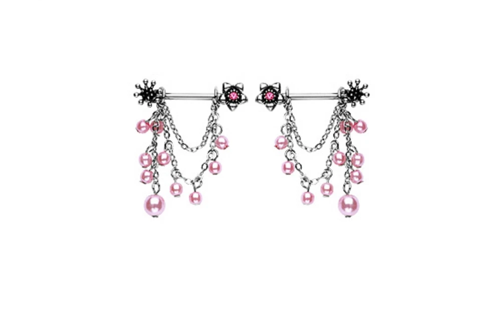 Par de gemas flor con cuentas de perlas rosas colgantes pezón barras anillos joyería corporal Foto 1 de 1