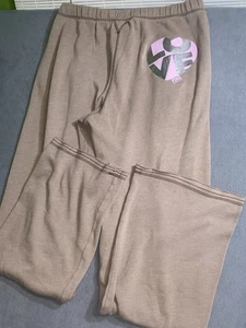PINK Victoria’s Secret “Love Pink” Heart Brown Lounge Pants Wide Leg Fits Med - Picture 1 of 13