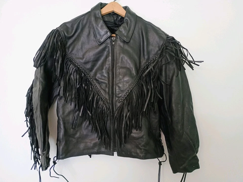 Unik International Women's Black Full Zip Fringe Leather Biker Jacket Size XL - Image 1 of 4