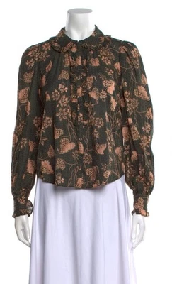 ULLA JOHNSTON $395 Green Peach Ruffled Long Sleeve Printed Top BLOUSE XS 0 - Image 1 of 3