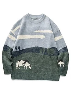 Mens Vintage Sweater Grandpa y2k Oversized Casual Cable Knit Medium Grey - Picture 1 of 7