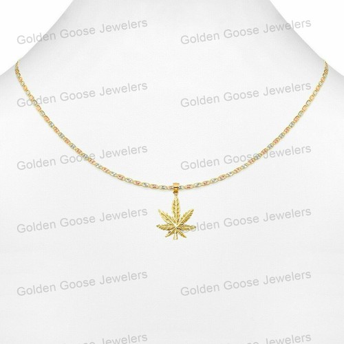 Ciondolo in vero oro giallo 14 kt unisex foglia di marijuana catena Valentino