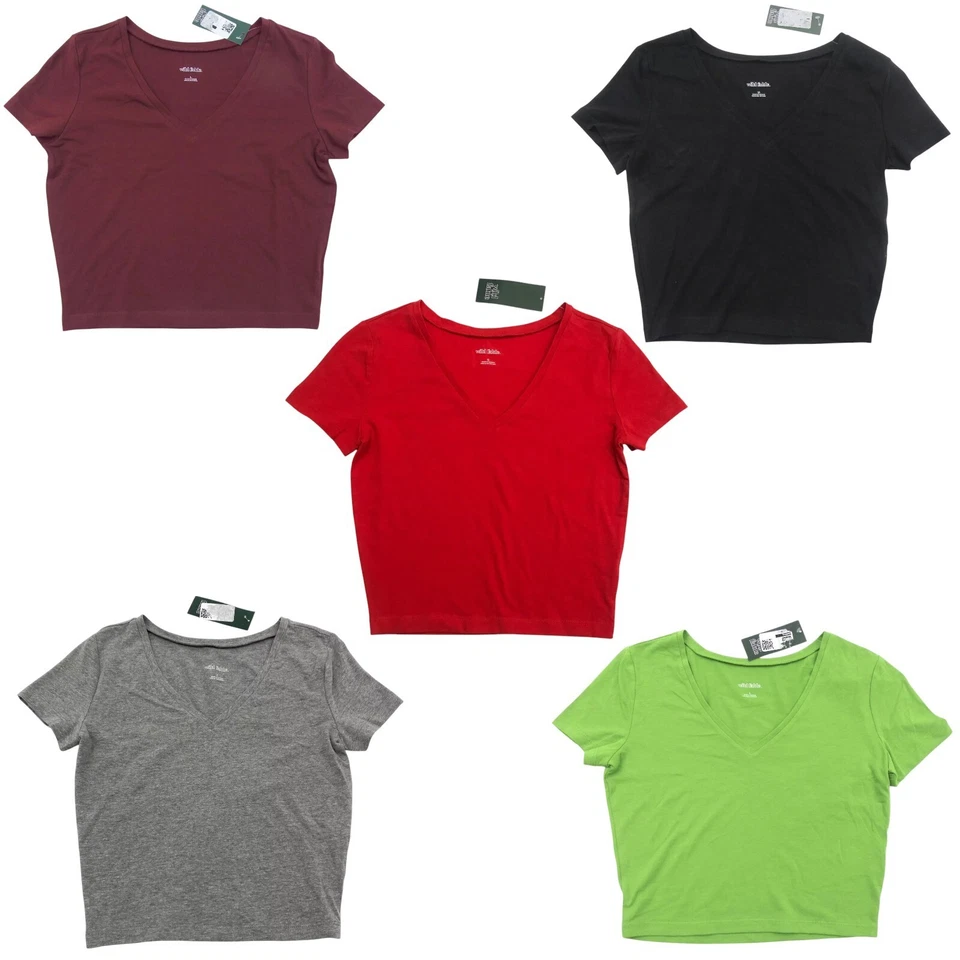 Wild Fable Womens Juniors Size S-L V-Neck Short Sleeve Crop Top Multicolor - Image 1 of 1
