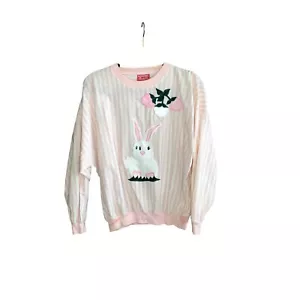 Vintage 80s Easter Bunny Rabbit Striped Pink and White Oversized Top - Picture 1 of 8