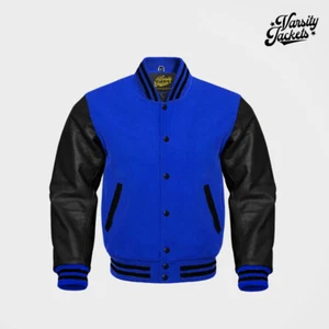 Royal Blue body Black Sleeves Premium Varsity Jacket Letterman Baseball College - Picture 1 of 5