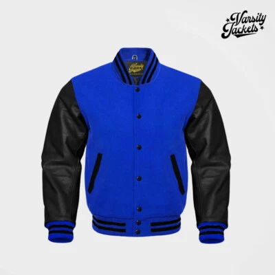 Royal Blue body Black Sleeves Premium Varsity Jacket Letterman Baseball College - Image 1 of 4