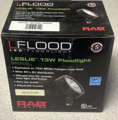 NEW RAB Lighting LES13N 13W LED FLOODLIGHT 4000K IP66 Die Cast Housing Dk Bronze - Image 1 of 2