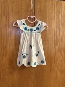VTG Girls Kids 4-5 YO Cream Floral Embroidered Boho Handmade 60s 70s Shift Dress - Picture 1 of 11
