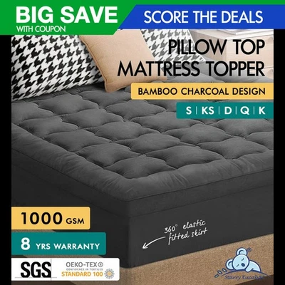 STARRY EUCALYPT Bamboo Charcoal Pillowtop Mattress Topper Cover Pad 7cm All Size - image 1 of 4