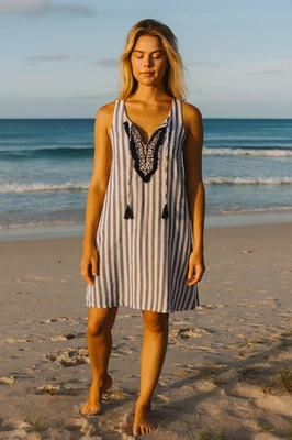 Antibes Blanc 100% Linen Dress Size XS Blue White Stripe Tassel Embroidered - Image 1 of 4