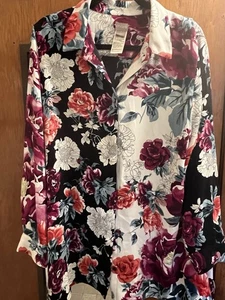 Chico’s Rose Print Tunic Hem Regal Rose Woven Long Sleeve Sz 3 Artsy Granny - Picture 1 of 4