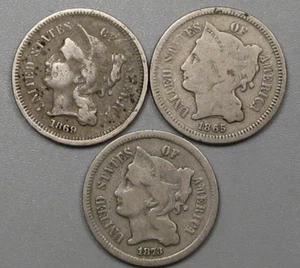 3 US Three Cent 3c Nickels: 1873, 1869, 1865. - Picture 1 of 8