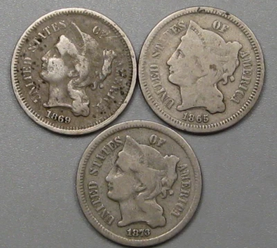 3 US Three Cent 3c Nickels: 1873, 1869, 1865. - Image 1 of 4