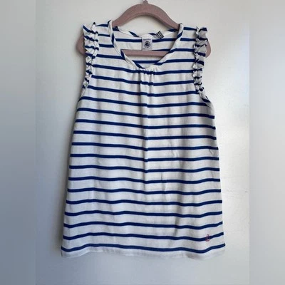 Petit Bateau White Navy Girls Tank Ruffled Shirt 10Y Coastal Nautical France Foto 1 de 4