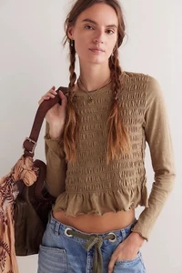 Free People Sylvie Long Sleeve Top - Size Medium - Khaki - RRP £68 BNWT - Picture 1 of 9