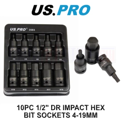 US PRO Tools 10pc Impact Hex Bit Socket Set 1/2" Drive 4mm To 19mm 3593 - Image 1 of 4