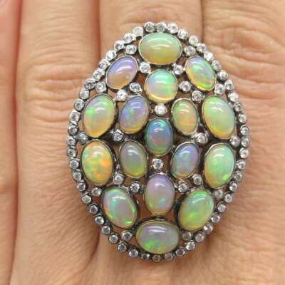 925 Sterling Silver Black Rhodium Real Opal & White Topaz Cluster Ring Size 6.75 - Image 1 of 4