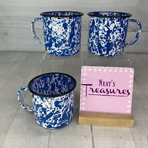CSG International BLUE SPATTERWARE White Enamelware 12oz Camping Cups Mugs Set 3 - Picture 1 of 17