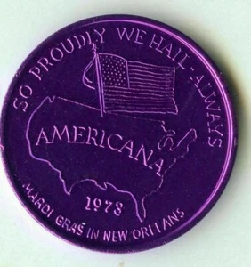 Mardi Gras Doubloon Krewe de Freret 1973 aluminio púrpura calibre 10 - Imagen 1 de 2