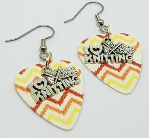 I Heart Knitting Charm Guitar Pick Earrings - Pick Your Color - Picture 1 of 5