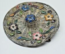 Vintage Chinese Export Silver Filigree Woven Hat Brooch Cloisonne Flowers