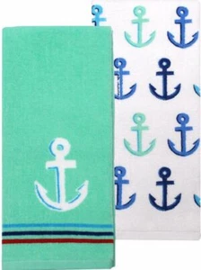 SET OF 2 DIFFERENT PRINTED TERRY TOWELS (16.5"x26") NAUTICAL BUNCH OF ANCHORS,KO - Picture 1 of 12