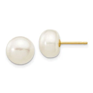 10K Solid Yellow Gold 8mm White Button Freshwater Cultured Pearl Stud Earrings - Picture 1 of 4