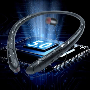 Sweatproof Retractable Bluetooth 5.0 Headset Wireless Headphone Earbuds Neckband - Picture 1 of 13