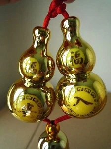Doble Wu Lou/Calabaza Feng Shui chapado en oro buena salud energía de la suerte - Imagen 1 de 10