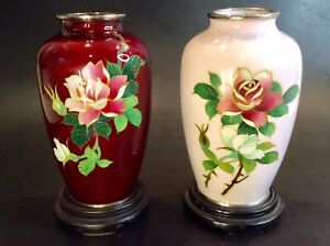 Vintage Pair Sato Japanese Cloisonne Pigeon Blood & Pink 5" Cabinet Vase w/Stand