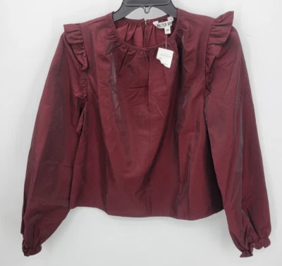 Blusa de diseñador Walter Baker Top para mujer mediana granate manga globo con volantes Foto 1 de 4