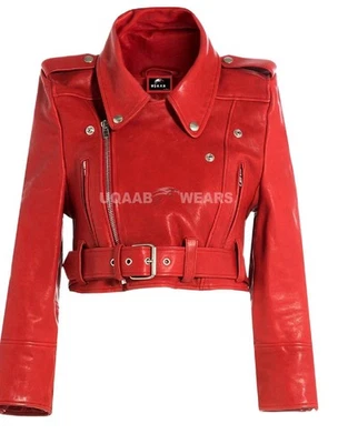 Ladies Red Short Cropped Biker Real Leather Jacket Girls Womens Glamorous Jacket - Image 1 of 4