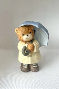 Lucy And Me Bear With Blue Umbrella Raincoat Ducks Ceramic Enesco Rigg 1985 - Picture 1 of 8