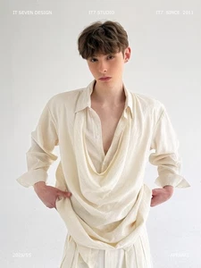 Men's Long-sleeved Loose Shirt Catwalk Fashion Casual Tops Pointed Collar Design - Picture 1 of 8